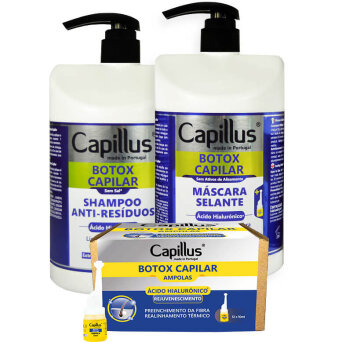 Capillus Botox Capilar Botox na włosy - zestaw szampon i maska 2x1000ml + ampułki z kwasem hialuronowym 12x10ml
